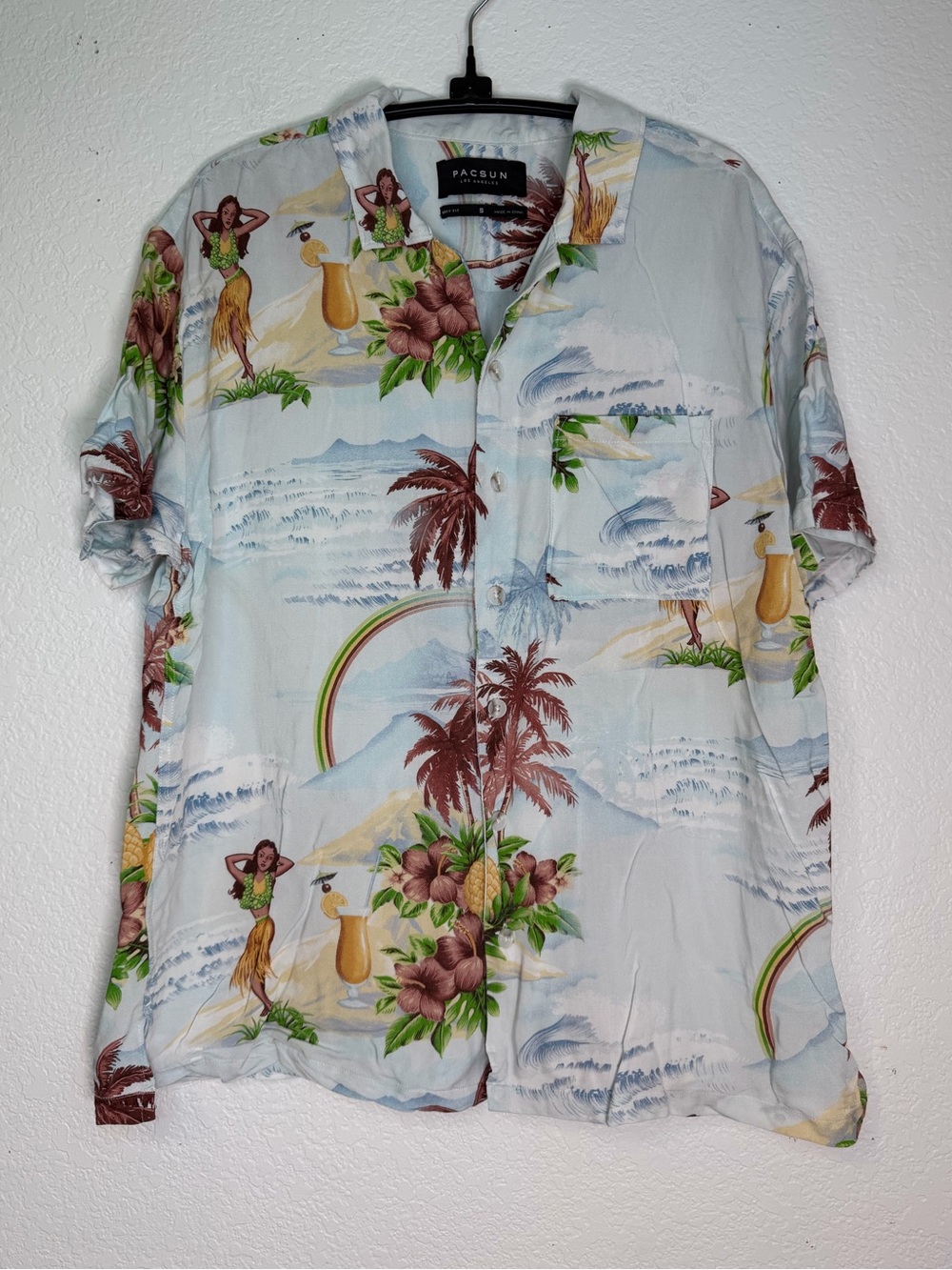PacSun Pale Blue Hula Girl Hawaiian Camp Shirt with Tropical Print, Size S